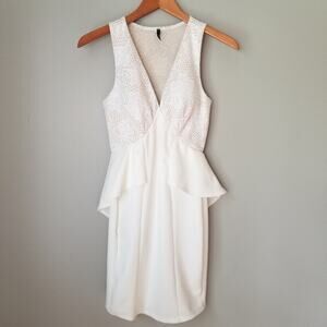 Flamingo White Peplum Fitted Dress with Lace V Neck Detail